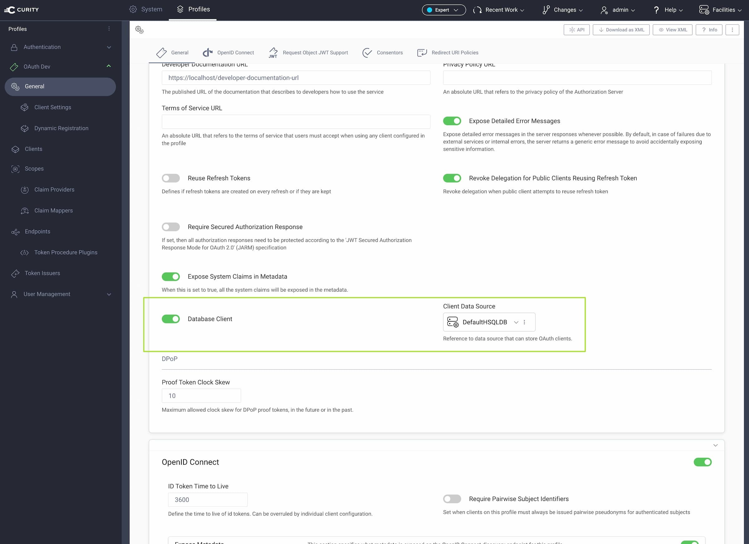 Enabling Database Clients in the Admin UI